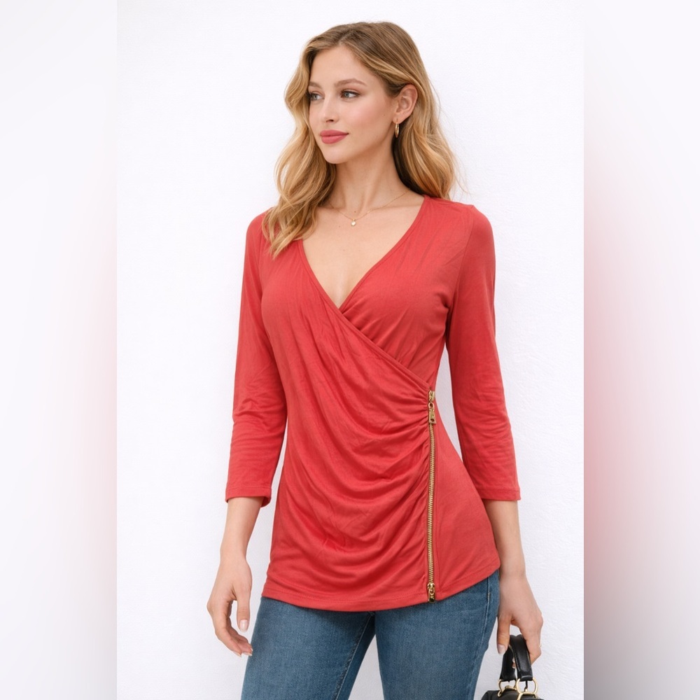 Iris Basic Women’s Coral Wrap Top 3/4 Sleeve Side Zipper Ruched Blouse Size S